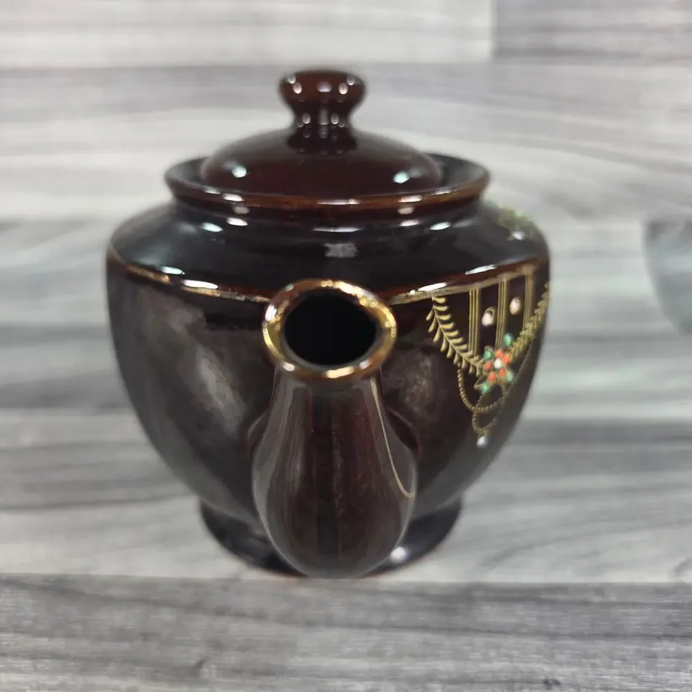 Vintage Japanese Dark Brown Teapot Hand Painted Raised Moriage Floral Gold Japan